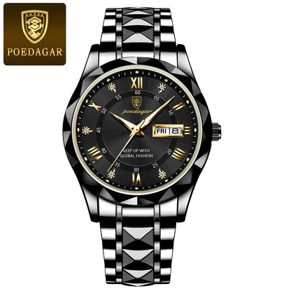 POEDAGAR Luxury Fashion Men's Quartz Watches Date Week Stainless Steel Watch For Man Waterproof Luminous High Quality Men Watch