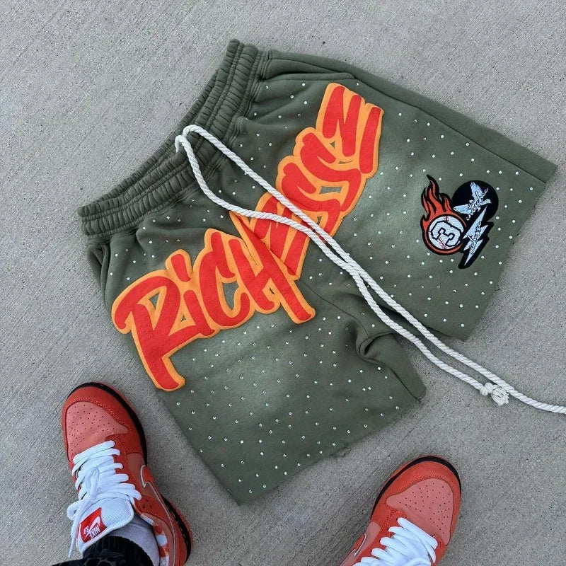 Y2K Harajuku Men's Shorts Rhinestone Letter Print Sweatpants Fashion Trend Quick Drying Casual Comfortable MOTO Shorts