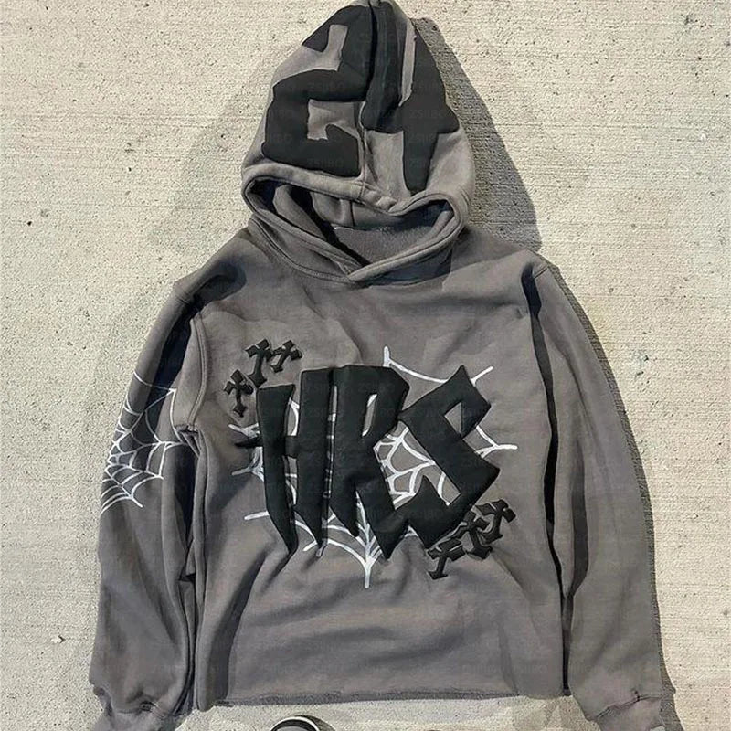 Y2k Hoodie Kpop Retro Street Fashion Hooded Pullover Letter Spider Web Printed Long Sleeved Sweatshirt Tops Men Women Clothing