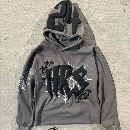 Y2k Hoodie Kpop Retro Street Fashion Hooded Pullover Letter Spider Web Printed Long Sleeved Sweatshirt Tops Men Women Clothing