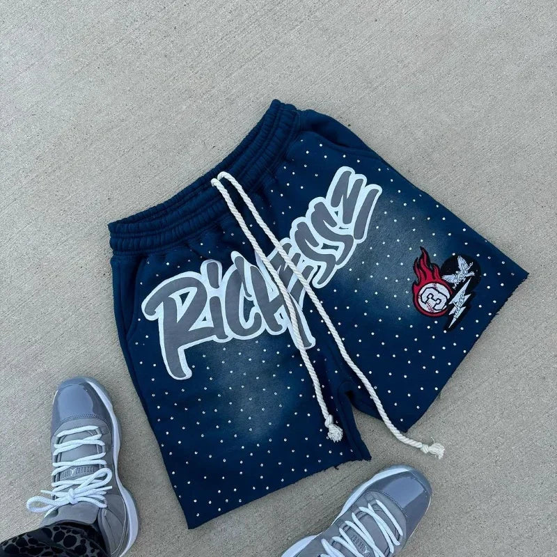 Y2K Harajuku Men's Shorts Rhinestone Letter Print Sweatpants Fashion Trend Quick Drying Casual Comfortable MOTO Shorts