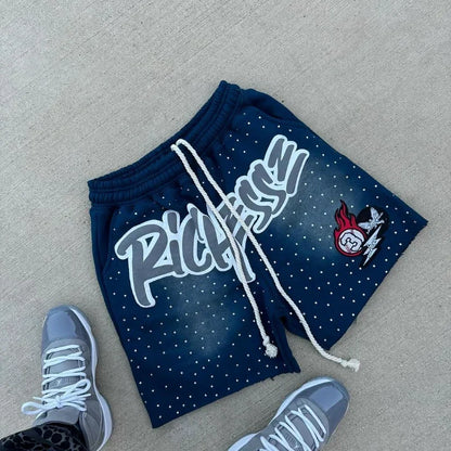 Y2K Harajuku Men's Shorts Rhinestone Letter Print Sweatpants Fashion Trend Quick Drying Casual Comfortable MOTO Shorts