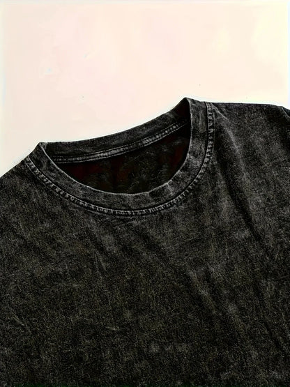 Men's 100% Cotton Retro Washed Crew Neck T-shirt with Personalized Prints, Fashion Trendy Street Style Short Sleeve for Summer